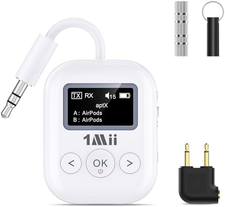 1Mii Safefly Min+ Bluetooth Transmitter and Receiver for Airplane/TV to 2 Bluetooth Headphones, 3.5mm Aux Wireless Audio Adapter with Screen for AirPods, Flight, Gym, Car/Home Stereo, Travel