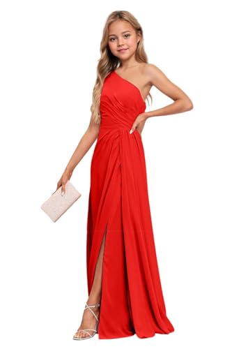 Junior Bridesmaid Dresses for Teen Girls One Shoulder Chiffon Flower Girl Dress Red Long Party Pageant Gowns Size 10