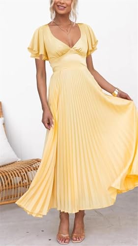 Bridesmaid Dresses for Women Satin Tea Length Pleated V Neck Short Sleeves Formal Wedding Gues Dress Midi Gown4