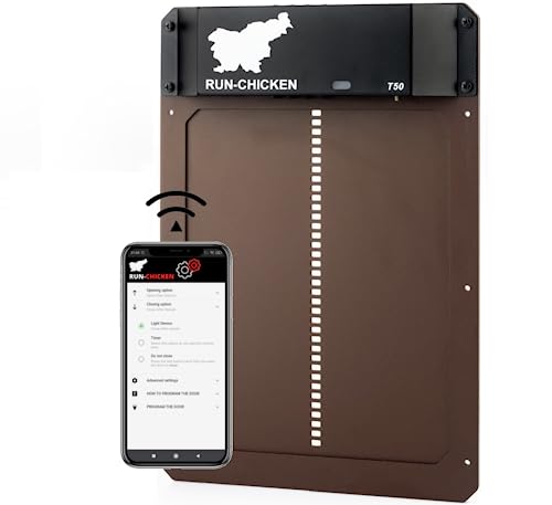 RUN-CHICKEN Porte Automatique poulailler (Brun) avec Batterie, Détection de la lumière, Programmable avec minuterie, Aluminium Porte poulailler Automatique, Trappe poulailler, Modèle T50