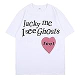 Lucky Me I See Ghosts T-Shirt Hip Hop Rapper Streetwear Cotton Tee Shirt Crewneck Short Sleeve Shirt White