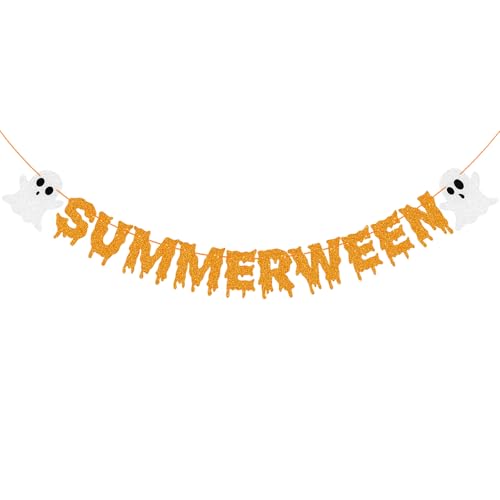 Summerween Banner Decorations Pre Strung Spooky Summer Halloween Party Decorations Banner Glitter Orange Summerween Garland Hanging Decor for Summerweens Party Beach Haunted Luau Halloween Home Decorations