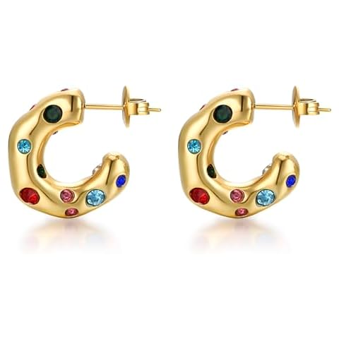 FRUMOS Full color Cubic Zirconia huggie Gold hoop Earrings for Women Girls,14K Gold Plated with 925 Sterling Silver Post crystal Huggie Earrings| CZ Stud Earring (Colorful CZ Earrings) Cover