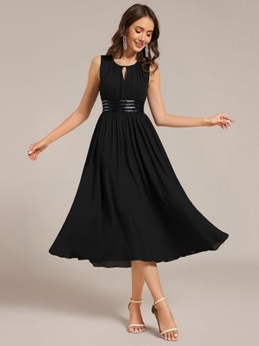 Ever-Pretty Women's Elegant Round Neck Chiffon A-Line Sequins Waist Midi Wedding Guest Dress 039554