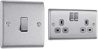 BG Electrical NBS12-01 Single Light Switch, Brushed Steel, 2-Way, 16AX & NBS22G-01 Double Switched Power Socket, Brushed Steel, 13 Amp