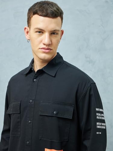 Image of Bewakoof Men's Graphic Printed Oversized Fit Full Sleeve Collar 100% Cotton Shirt
