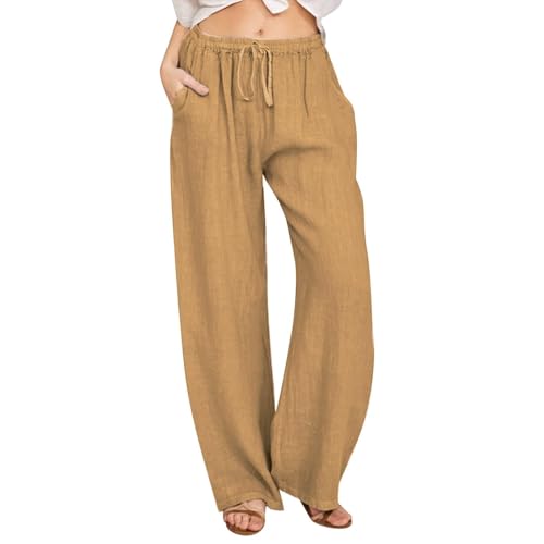 YGERGWE Wide Leg Linen Trousers for Women UK, Wide Leg High Waisted Lightweight Loose Fit Linen Pants Summer Casual Ladies Palazzo Trousers with Pockets Yellow