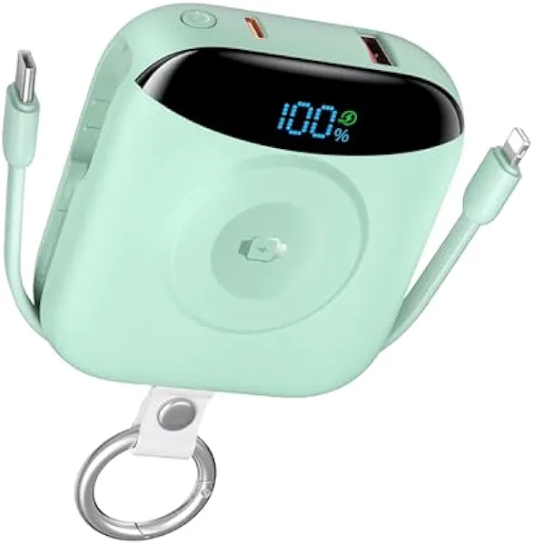 Portable Power Bank, 10000mAh 22.5W Fast Charging Phone Charger with Built-in Cables, Travel Essential Battery Pack with LED Display, Keychain Battery Bank for iPhone, iWatch 10/9/8/7/6/SE/5