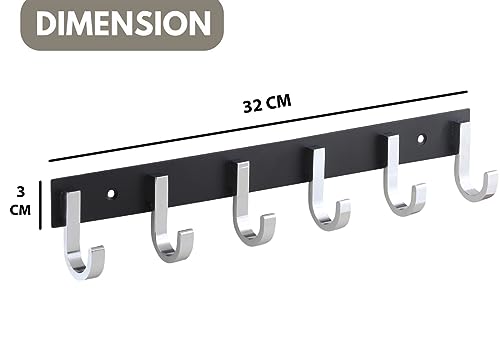 Image of Aluminium Cloth Hanger for Wall, Clothes Hook Hangers Door Mounted, Bathroom Hooks for Hanging Towel, Wall Mount Shirt Hangers, Dress Holder Hooks - 6 Pin-XL, Pack of 1, Black and Silver