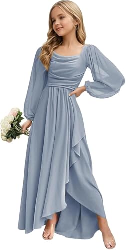 Long Sleeve Junior Bridesmaid Dress Ruffle Square Neck Flower Girl Dress for Wedding Party Pageant Gowns3