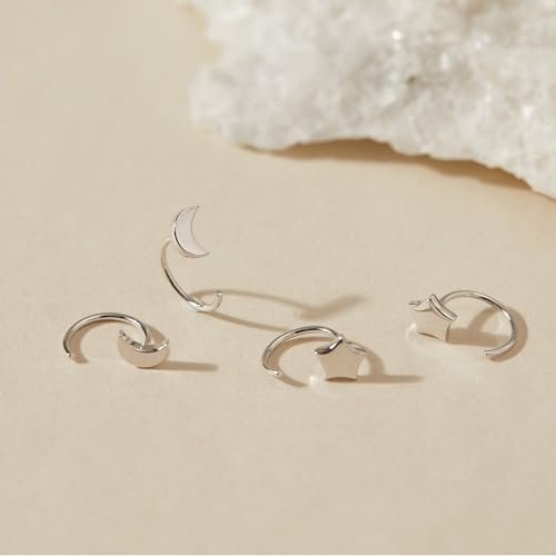 Image of CHIC & ARTSY 925 Sterling Silver Half Hoop Earrings for Women, Small Huggie Hoops Set with Ball Bar Star Moon Cross & Pearl, Lightweight Comfort Fit Everyday & Sleep Earrings