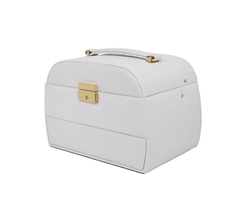 Image of BucketList Luxury PU Leather Jewellery Box with Mirror & Lock | Multi-Layer Organizer with Drawers, Ring Slots & Handle | Premium Storage Case (3 Layer Jewellery Box With Mirror (White))
