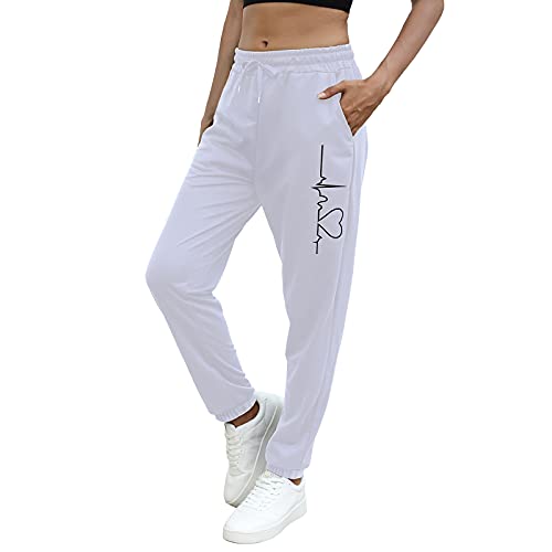 MUYOGRT Pantalon de Sport pour Femme Pantalon de Jogging avec Ceinture élastique Pantalon Décontracté à Cordon de Serrage Imprimé Bas de Sarouel avec Poches pour Yoga Fitness Course(Blanc,XL) Cover