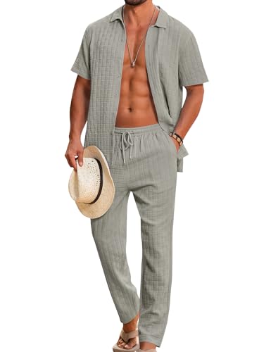 LecGee Mens Leisure Suits 2 Piece Fashion Plaid Textured Shirt And Pants Matching Set Beach Party Suits(Grey,X-Large)