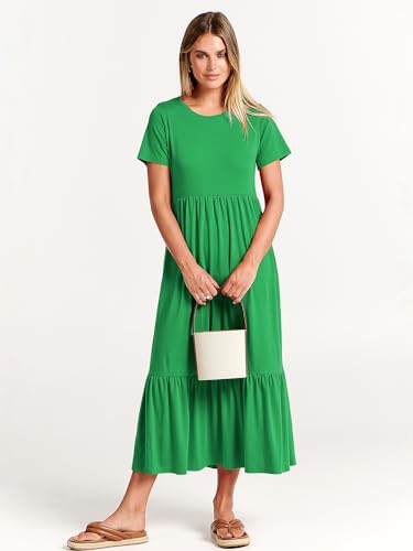 Image of ANRABESS Womens 2026 Summer Casual Maxi Dress A line Tiered Flowy Short Sleeve Crewneck T Shirt Beach Travel Long Dresses