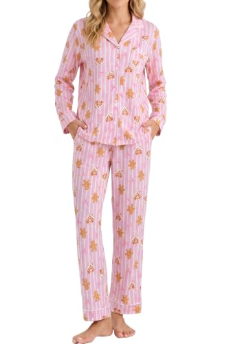 Image of LUBOT Christmas Pajamas for Women 100% Cotton Pajama 2 Piece PJ Set Soft Long Sleeve Button Xmas Print Loungewear XS-XXL
