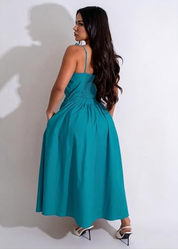Image of YUEWOO Midi Dresses for Women Casual Summer Sundresses Vacation Outfits Spaghetti Strap Smocked Women Maxi Dress with Pockets
