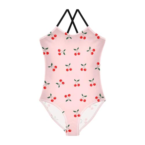 Girls One Piece Swimsuits Pink Cherry Bathing Straps Suit Kids Cute Swimwear 3-10T