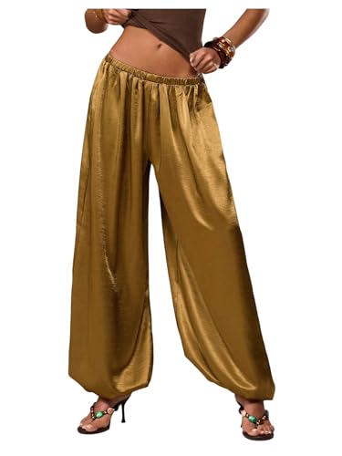 MakeMeChic - MakeMeChic Women's Satin Harem Palazzo Pants - Flowy Balloon Barrel Resort Wear, Gold, Small - Best Deal on Amazon