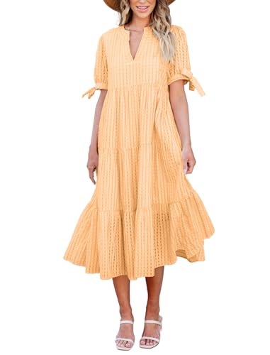 Image of Theenkoln Womens Casual Midi Dress: Short Sleeve V-Neck Empire Waist Gingham Spring Fashion Long Trendy Tiered Formal Dresses