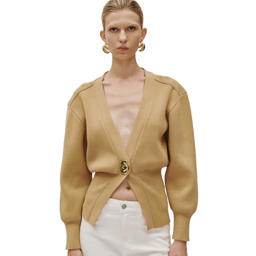 URBAN REVIVO Women Knitted Cardigans Long Sleeve V-Neck Lightweight Sweater One Leaf Button Down Outwear