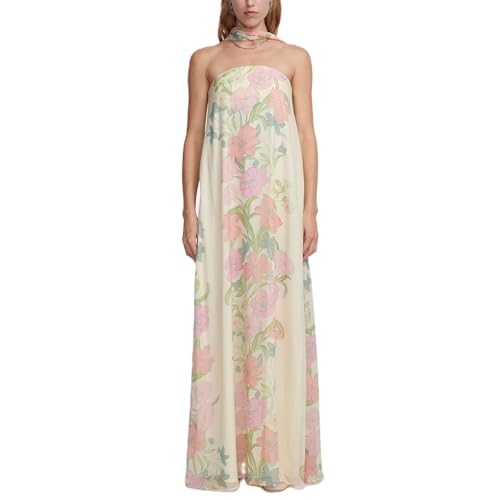 Image of Women Floral Print Maxi Tube Dress Strapless Flowy Long Bandeau Dress Y2K Open Back Sundress Summer Beachwear