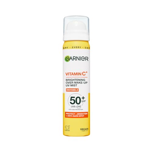 Garnier Vitamin C Brightening Over Make-Up UV Mist Invisible Protection with SPF50+ and Vitamin C. Protects Brightens and Fights Appearance of Dark Spots Cruelty free Vegan - 75ML
