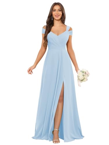 Image of petyoo Off Shoulder Chiffon Bridesmaid Dresses with Slit Long Formal Evening Dress