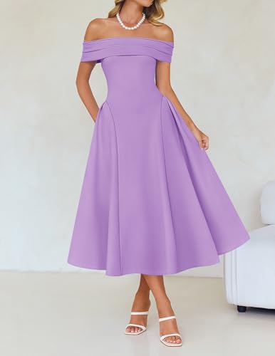 Image of ZESICA Summer 2026 Cocktail Dresses for Women's Off Shoulder Short Sleeve Swing A Line Wedding Evening Party Midi Dress