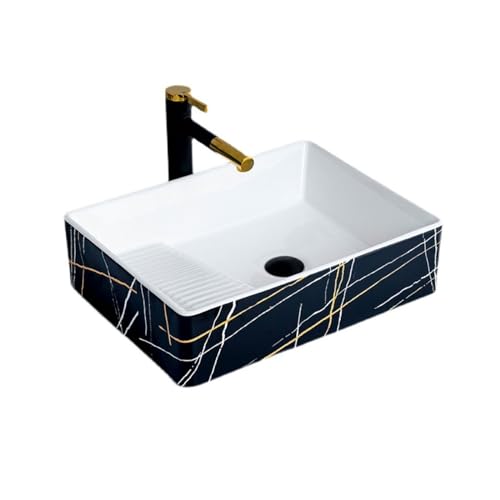 Lavabo artístico rectangular de cerámica vitrificada sobre encimera con desagüe completo 2