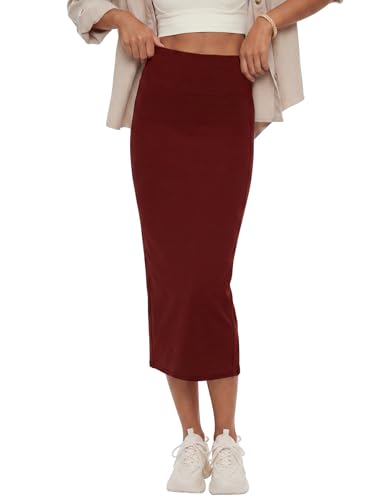 Image of Rooscier Women's High Waisted Pencil Midi Skirt | Stretchy Bodycon Knee Length Skirts with Back Slit