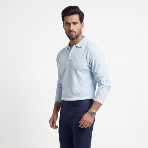 Image of BEAR THREAD Men's Polo T-Shirt | Linear Jacquard Full Sleeve Textured Knit Polo | Smart Casual Collared Stretch Fabric Tee | Stylish Everyday Wear for Men