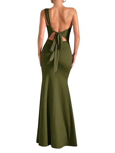Verdusa Womens One Shoulder Maxi Formal Dresses Tie Backless Wedding Guest Dress Elegant Festival Date Night Outfits Army Green Small