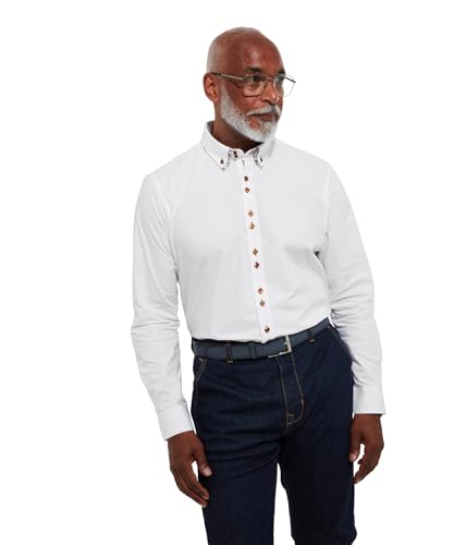 Joe Browns Men's Fashion Classic White Button Down Double Collar Shirt with Floral Trims, White, Regular Fit, XL