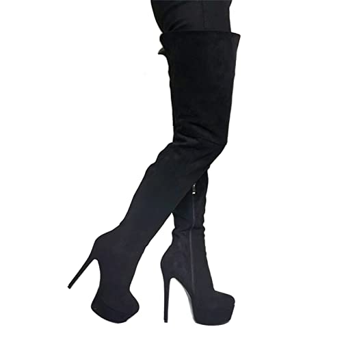 BeAUZQ Damenmode Schwarze Wildleder Overknee Stiefel Sexy Plateau Oberschenkelhohe Stiefel Fetisch High Heels Stripper Club Show Pumps Schuhe Größe 36-47,Schwarz,38 Cover
