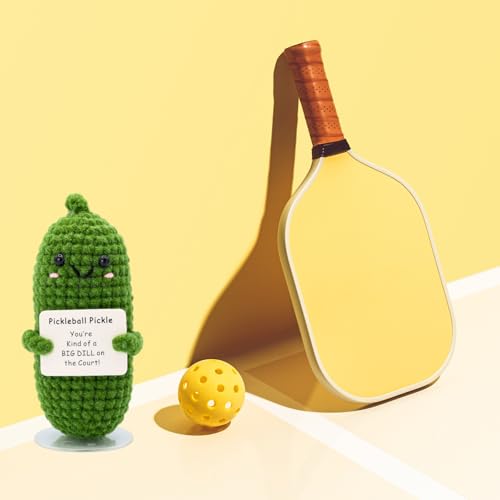 Image of Pickleball Pickle Crochet with Stand. Handmade Pickle Gift for Women, Friends, Family, Co Workers. Birthday Gifts Best Friends