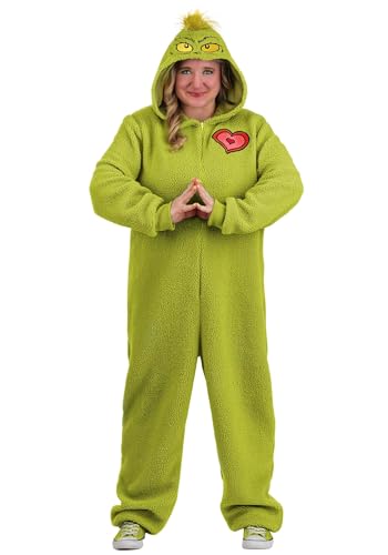 Adult Plus Size Grinch Costume Jumpsuit | Attached Hood w/Embroidered Face | Christmas Holiday Outfit for Men and Women 2X