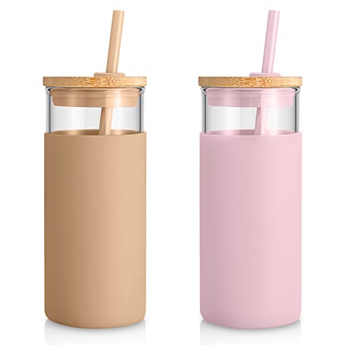 Tronco 20 oz Glass Tumbler with Lid and Straw, Iced Coffee Cup and Smoothie Cup with Bamboo Lids & Protective Silicone Sleeve, Dishwasher Safe, BPA-Free, Glass Cup 2 Pack
