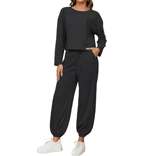 ROYLAMP Women's 2 Piece Outfits knit Loose Cropped Pullover Tops and High Waisted Pants Tracksuit Sets with Pocket Small Black