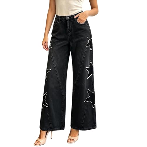 Jean jambes droites et amples taille haute avec motif étoile pour silhouette élancée
