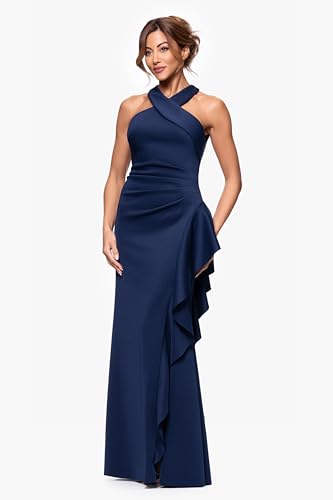 Image of Xscape Evenings Women's Long, Bodycon Low-Sheen Cross Front Halter Neck Evening Dress with Ruching & Ruffle Detail