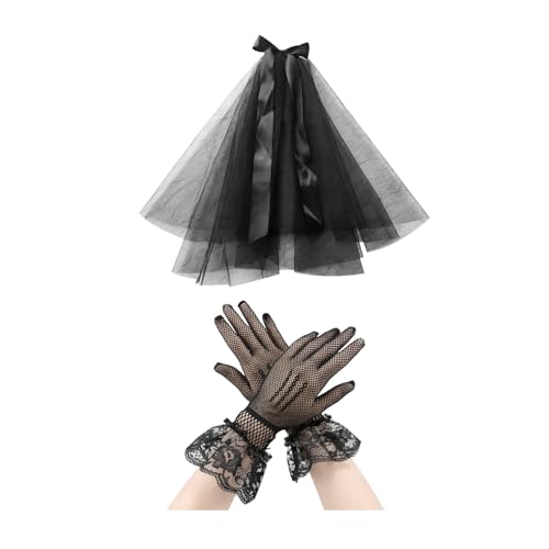 HDGSAFD Voile Noir, 1 Paire de Gants en Dentelle Noire, Voile Pompadour Multicouche, Voile de Mariée et d'Église, Accessoires de Mariage, Noir, Taille Unique