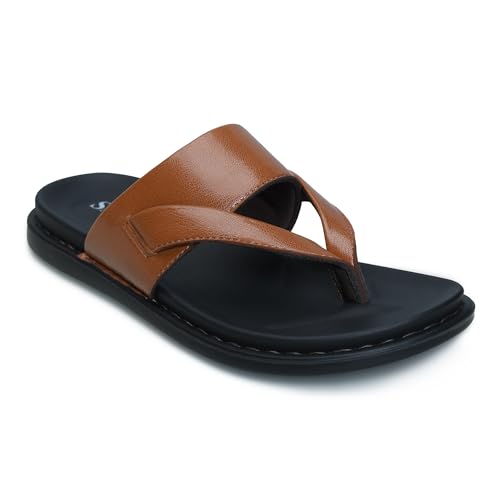 Image of Men's Solid Casual Flat Slipper, Faux Leather Slip-on V-Strap Fashion Slipper For Men