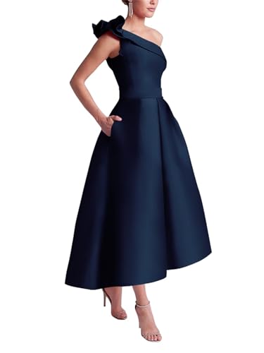 One Shoulder Satin Mother of The Bride Dresses Ruffle High-Low Wedding Guest Dress