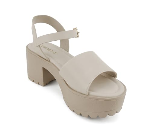 Image of Soda inchStacie inch ~ Women Open Toe Lug Sole Mid Block Heeled Sandals with Adjustable Ankle Strap