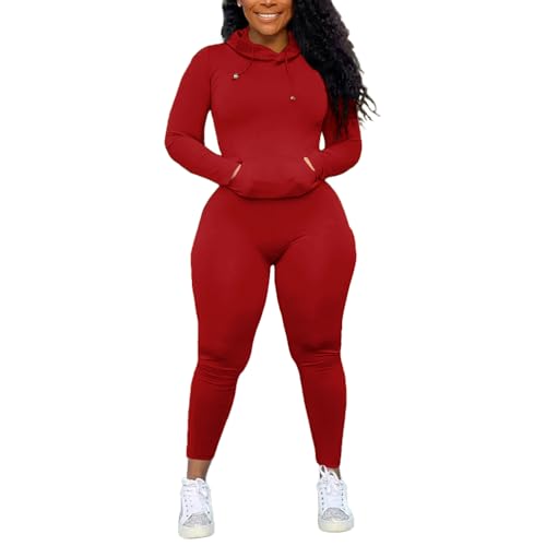 Nimsruc 2 Piece Outfits For Women Sweatsuits Sets Hooded Tracksuit Long Sleeve Pullover Jogger Sweat Pants Set Red L