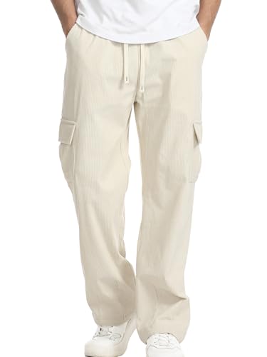 Suwangi Men’s Baggy Cargo Corduroy Pants Wide Leg Elastic Waist Drawstring Sweatpants Loose Fit Casual Pants with Pockets