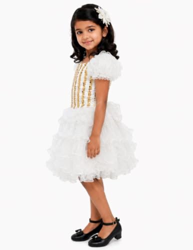 Image of BookMyCostume White & Golden Sequin Western Dance Costume for Girls | Stylish Top with Frill Sleeves & White Fluffy Skirt | Western Dance Costume for Kids| 6-7 Years