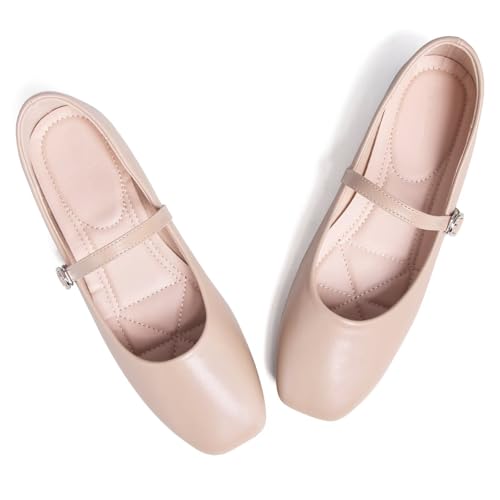 Image of TN TANGNEST Leather Flats for Women Retro Mary Jane Flats | Comfortable Square Toe Slip On Flats with Buckle Strap, Soft Work Flats Office Shoes
