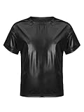 Hansber Kids Boys Girls Shiny Metallic T-Shirts Round Neck Short Sleeve Dance Tops Stage Performance Costume Metallic,Black 7-8